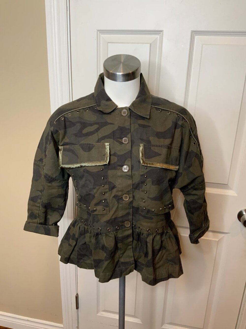 Joie Green Military Camo Rivet Studded Button-Up Ruffle Hem Jacket, Size S